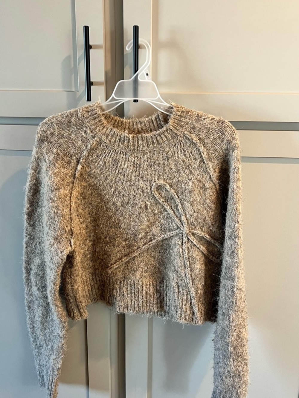 American Eagle Outfitters Beige Cropped Bow-Accent Crewneck Sweater